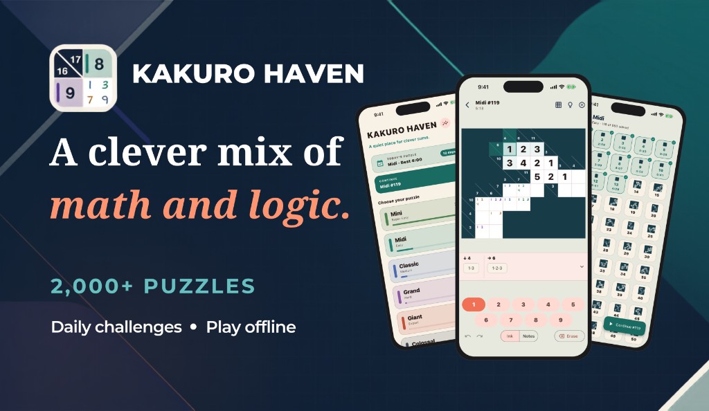 Kakuro Haven feature graphic with the app icon, tagline, and phone screens of the puzzle library, a game in progress, and level select